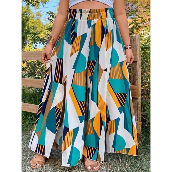 Women’s Geo Print‎ Split Thigh Paper Bag Waist Wide Leg Pants Size 2XL - Picture 1 of 4